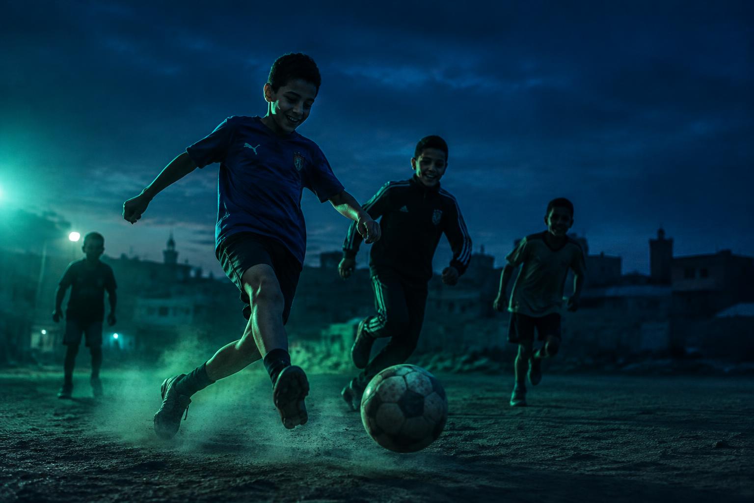 Enfants jouant au football au crépuscule à Marrakech
